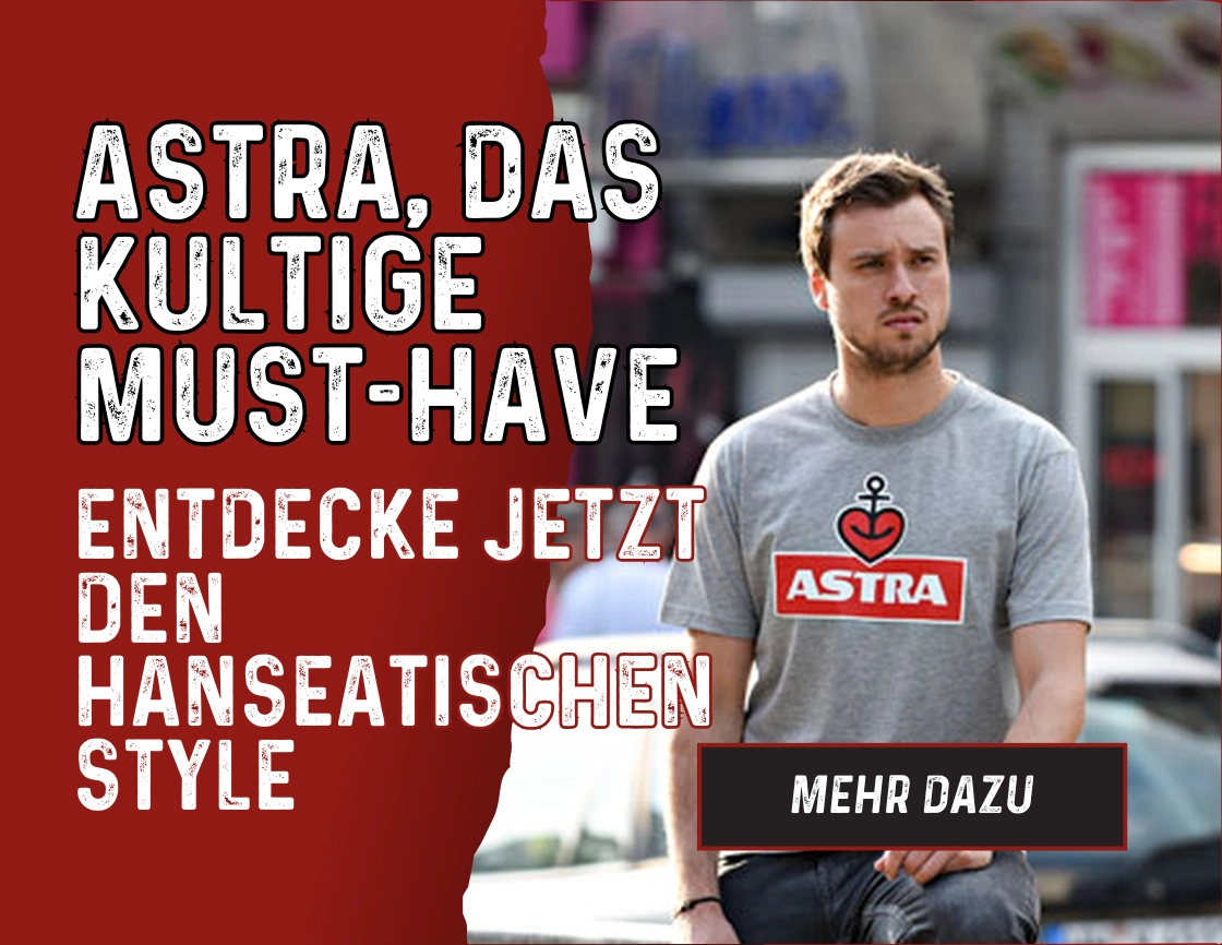 A young man wearing a gray T-shirt with a red Astra logo stands in an urban setting. Text on a red background: 'Astra, the iconic must-have - Discover the Hanseatic style now.' Button labeled 'Learn more.'