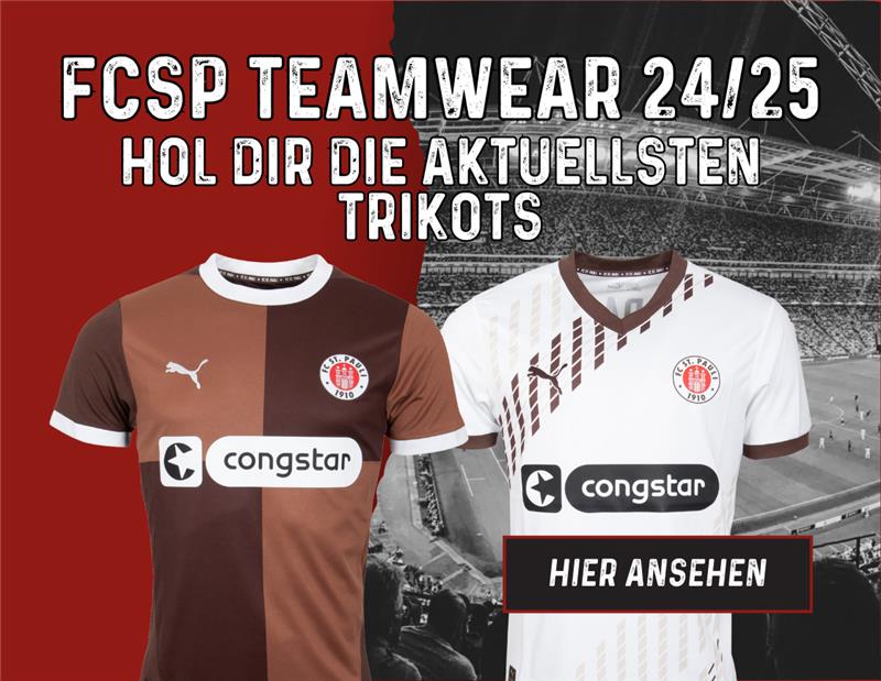 FCSP Teamwear 24/25 - Get the latest jerseys of the season. Two St. Pauli jerseys with Congstar logo.