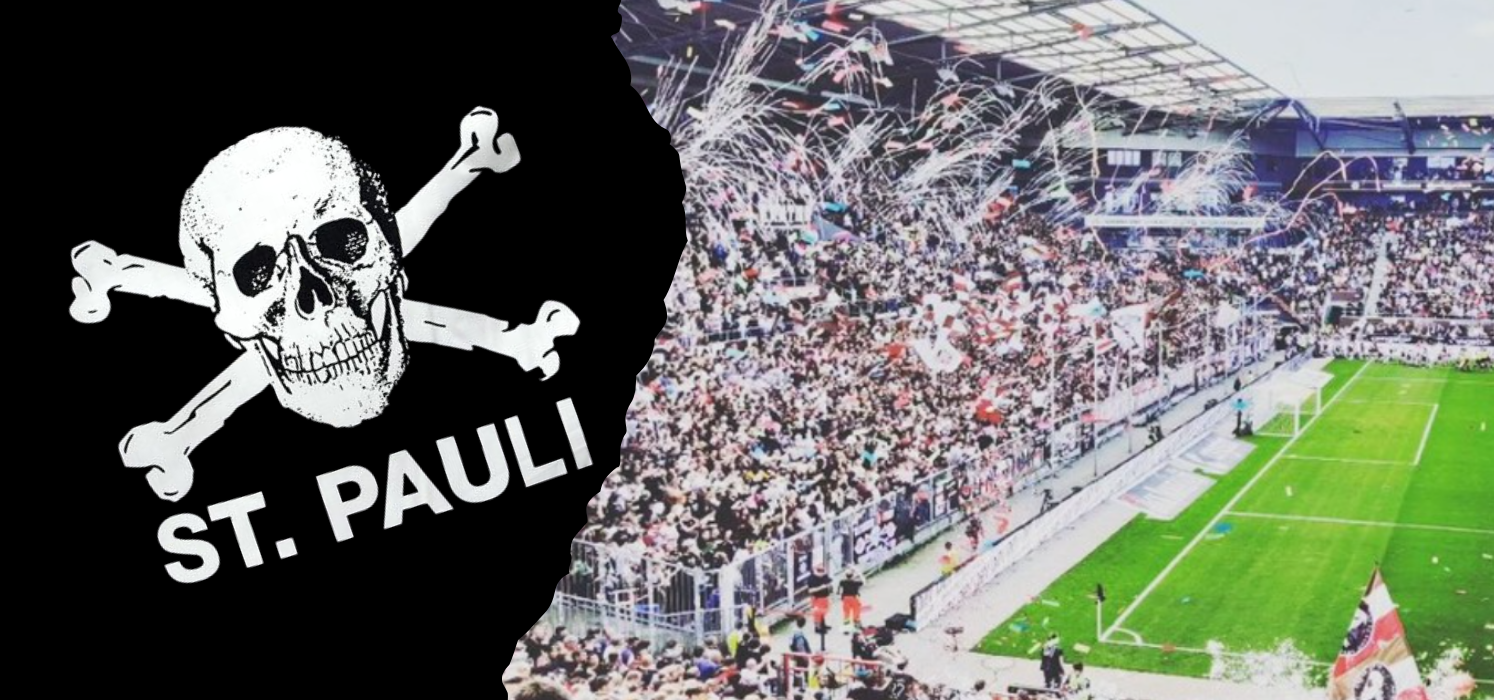 St. Pauli Totenkopf-Logo mit Jolly Roger vor Stadionkulisse und jubelnden Fans